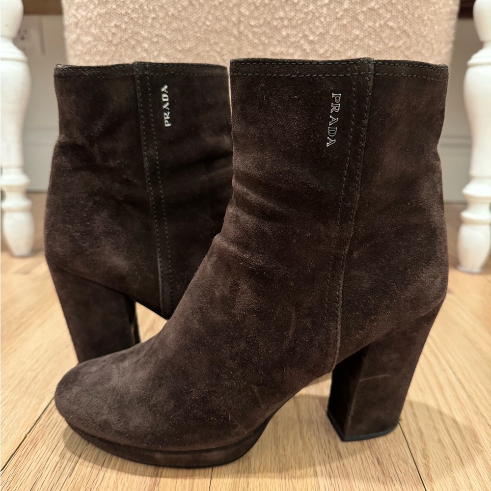 Prada Women's Brown Suede Block Heel Boots (size 37)